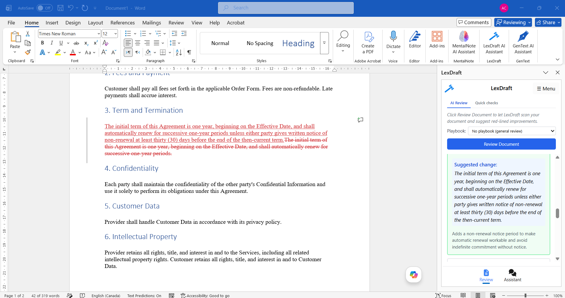 LexDraft surgical-edit suggestions with severity badges and word-level red-line diffs